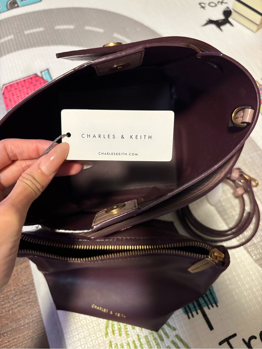 Charles & Keith Deep Plum Tote with Gold Hardware